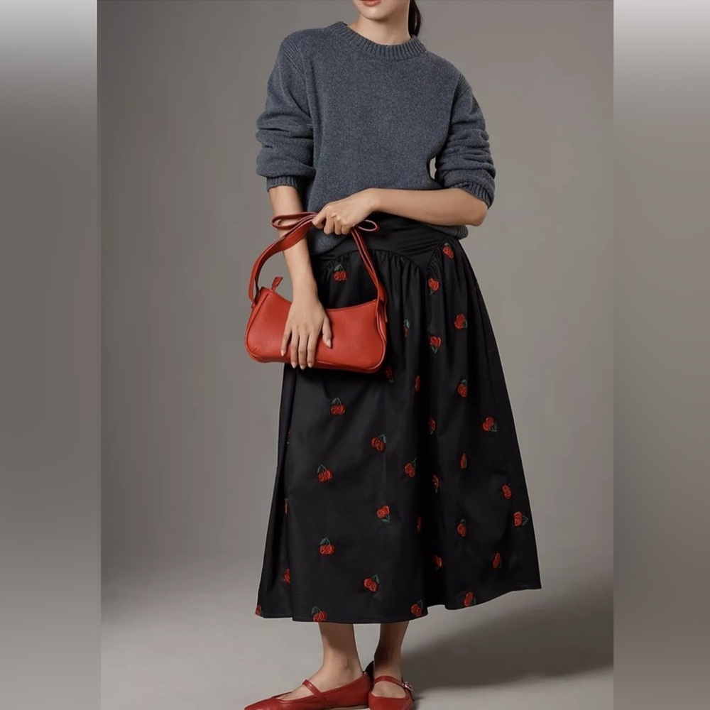 Anthropologie Avec Les Filles Cherry Appliqué Full Midi Skirt